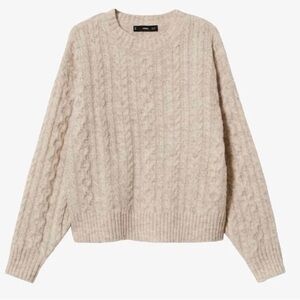 Mango Cable Knit Crewneck Fisherman Sweater in Light Beige